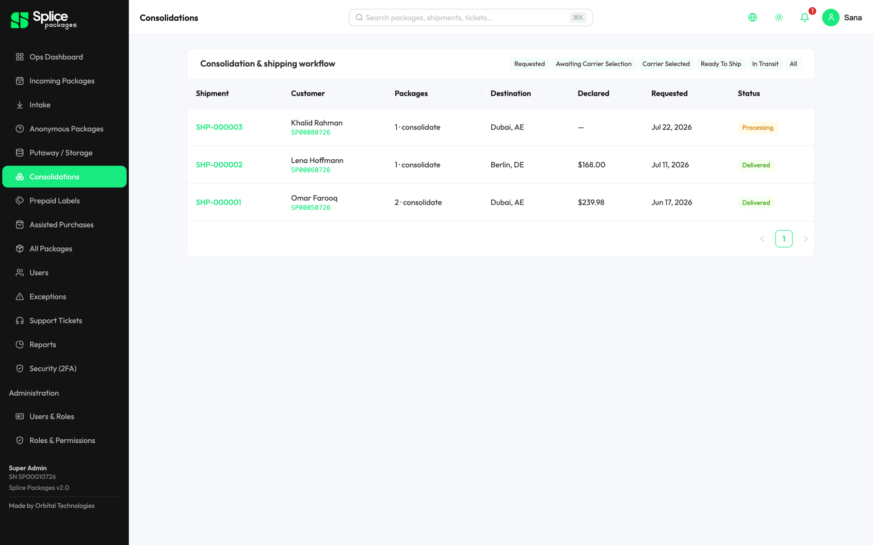 Shipify consolidations — shipment workflow from request to carrier selection to delivered