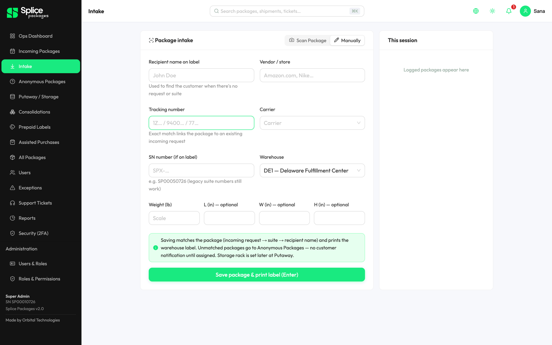 Shipify intake screen — scan a package, match it to a customer and print the warehouse label