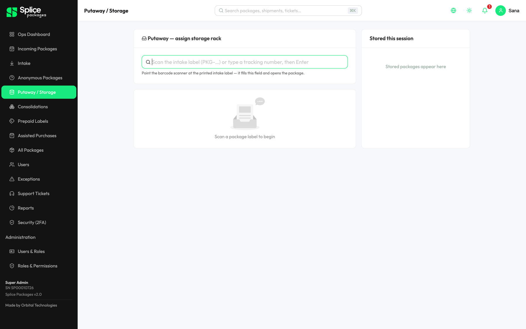 Shipify putaway screen — scan a package label and assign it to a storage rack